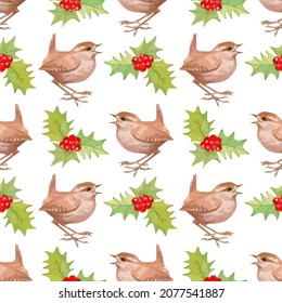 Hand drawn vector christmas seamless pattern with wren and holly isolated on white background.