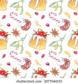Hand drawn vector christmas seamless pattern with cake, mistletoe, star anise nuts and berries isolated on white background.
