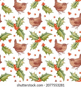 Handgezeichnete, Vektorgrafik-Weihnachtsmuster nahtlos mit Wren, Heiligem, Cranberry einzeln auf weißem Hintergrund.
