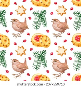 Hand drawn vector christmas seamless pattern with wren, christmas tree branch, cookies, berries, apple isolated on white background.
