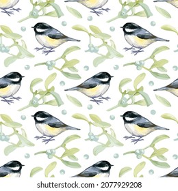 Hand drawn vector christmas seamless pattern with  tit and mistletoe isolated on white background.