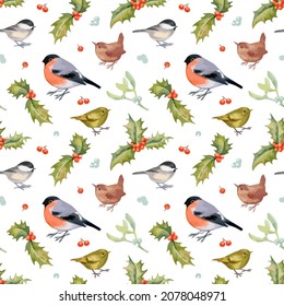Handgezeichnete, Vektorgrafik-Weihnachtsmuster nahtlos mit Wren, Stierfisch, Titten, Heiligem, Kranberry einzeln auf weißem Hintergrund.