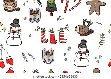 Hand drawn Vector Christmas seamless pattern. Decor cartoon pattern with snowman, gingerbread man, bear, deer, hare, socks, caramel cane, fireplace, Christmas tree. Holiday ornament sketch doodle. 