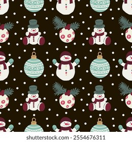 Hand drawn vector Christmas seamless pattern. Gift box, Santa Claus, snowman, Christmas ornaments.