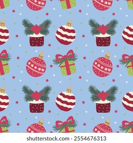 Hand drawn vector Christmas seamless pattern. Gift box, Santa Claus, snowman, Christmas ornaments.