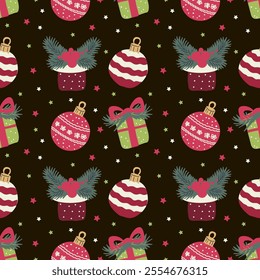 Hand drawn vector Christmas seamless pattern. Gift box, Santa Claus, snowman, Christmas ornaments.