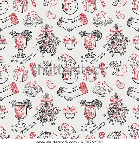 Hand drawn vector Christmas seamless pattern with mistletoe, mulled wine, Vector sketch illustration in vintage crayon charcoal style. Christmas stocking, tangerine, snowman.