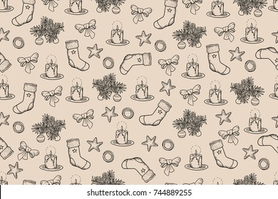 Hand drawn vector christmas themed doodles on light brown background - seamless pattern