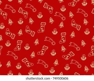 Hand drawn vector christmas themes doodles, isolated on red background - seamless pattern