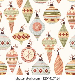 Hand drawn vector Christmas tree decoration seamless pattern background. Traditional wallpaper bright backdrop