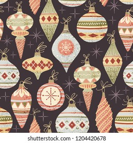 Hand drawn vector Christmas tree decoration seamless pattern background. Traditional wallpaper backdrop