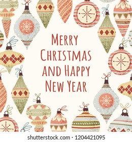 Hand drawn vector Christmas tree balls. Greeting card with place for text.