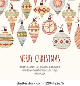 Hand drawn vector Christmas tree balls. Greeting card with place for text.