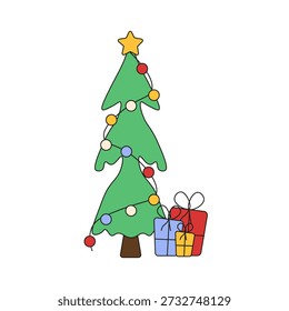 Dibujado a mano árbol de Navidad de Vector con caja de regalo aislado fondo transparente. Dibujado a mano árbol de Navidad con luces de Navidades estrella y presente diseño de Plantilla. Trazo editable EPS 10