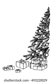 Hand drawn vector Christmas tree and gifts. Sketch Christmas and New Year