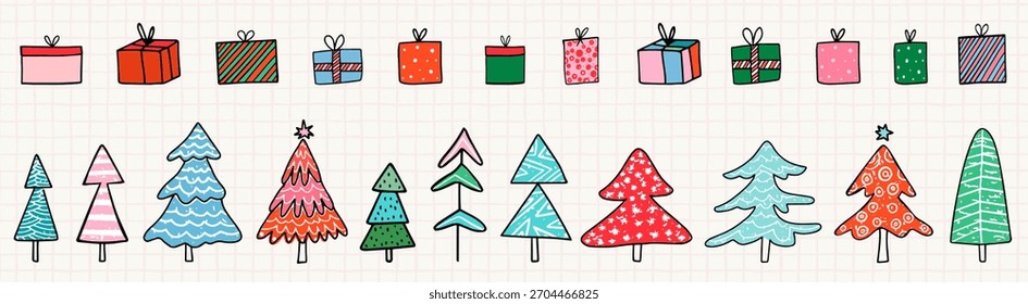 Hand drawn vector Christmas trees and gift boxes, doodle holiday present, graphic elements for package design
