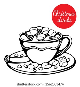 Hand drawn vector of christmas and winter drink isolated on white. Christmas cocoa with marshmallows with cream for festive design and holiday decoration.