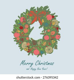 hand drawn vector Christmas wreath stylized greeting card