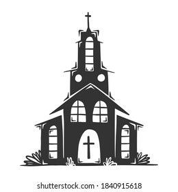 Hand drawn vector of church with cross, isolated on white background.