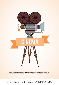 Hand drawn vector cinema camera card which can be used for movie cards, invitation or website. Camera bright card. Movie design. Film card concept