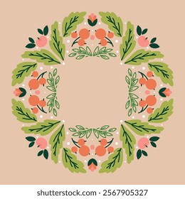 Hand drawn vector circle floral frame with leaves, branches, twigs, berries, apples