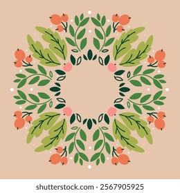 Hand drawn vector circle floral frame with leaves, branches, twigs, berries, apples