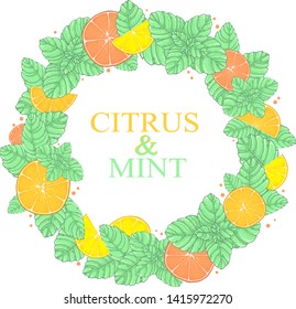 hand drawn vector circle frame with citrus fruits and mint