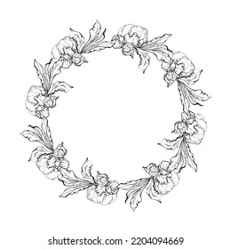 Hand drawn vector circle frame wreath arrangement with peony flowers, buds and leaves. Isolated on white background. Design for wedding or greeting cards, invitations, wallpaper, print, textile