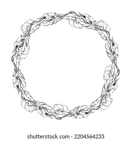 Hand drawn vector circle frame wreath arrangement with peony flowers, buds and leaves. Isolated on white background. Design for wedding or greeting cards, invitations, wallpaper, print, textile