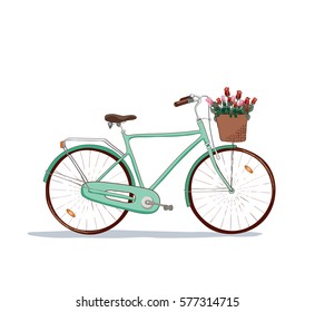 the hand drawn vector city bike icon with basket for flowers. the bouquet of roses.  the vector icon for illustration of funny journey and romantic trips. the cycling is a part of healthy life
