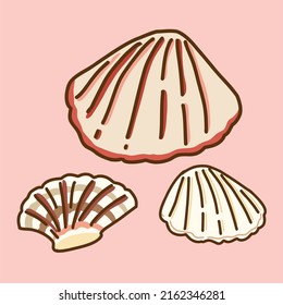 Hand drawn vector of clam, cockle and seashell isolated on light pink background.