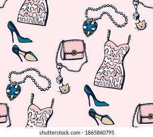 Hand drawn vector classic clothes and accessories. Hand drawn ink illustration. Modern ornamental decorative background. Vector pattern. Print for textile, cloth, wallpaper, scrapbooking