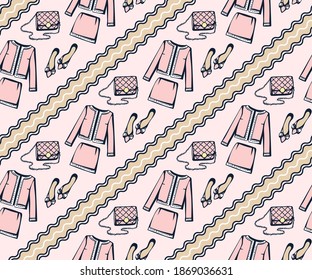 Ropa clásica vectorial dibujada a mano y accesorios. Ilustración de tinta dibujada a mano. Marco decorativo ornamental moderno. Patrón vectorial. Imprimir para textiles, tela, papel pintado, raspado