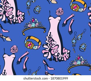 Hand drawn vector classic clothes and accessories. Hand drawn ink illustration. Modern ornamental decorative background. Vector pattern. Print for textile, cloth, wallpaper, scrapbooking
