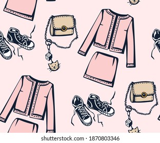 Hand drawn vector classic clothes and sneakers. Hand drawn ink illustration. Modern ornamental decorative background. Vector pattern. Print for textile, cloth, wallpaper, scrapbooking