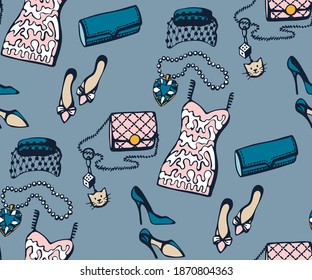 Ropa clásica vectorial dibujada a mano y accesorios. Ilustración de tinta dibujada a mano. Marco decorativo ornamental moderno. Patrón vectorial. Imprimir para textiles, tela, papel pintado, raspado