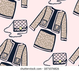 Ropa clásica vectorial dibujada a mano y accesorios. Ilustración de tinta dibujada a mano. Marco decorativo ornamental moderno. Patrón vectorial. Imprimir para textiles, tela, papel pintado, raspado