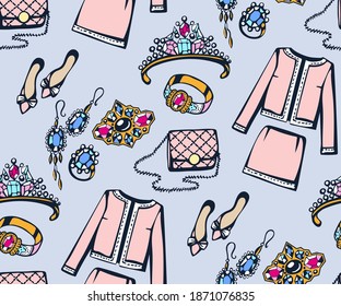 Ropa clásica vectorial dibujada a mano y accesorios. Ilustración de tinta dibujada a mano. Marco decorativo ornamental moderno. Patrón vectorial. Imprimir para textiles, tela, papel pintado, raspado