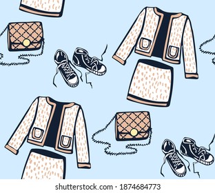 Ropa clásica vectorial dibujada a mano y accesorios. Ilustración de tinta dibujada a mano. Marco decorativo ornamental moderno. Patrón vectorial. Imprimir para textiles, tela, papel pintado, raspado