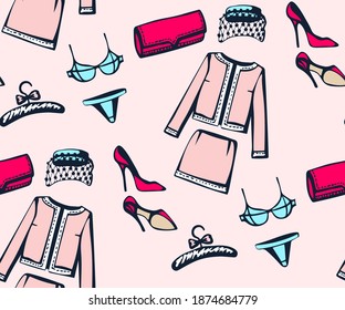 Ropa clásica vectorial dibujada a mano y accesorios. Ilustración de tinta dibujada a mano. Marco decorativo ornamental moderno. Patrón vectorial. Imprimir para textiles, tela, papel pintado, raspado