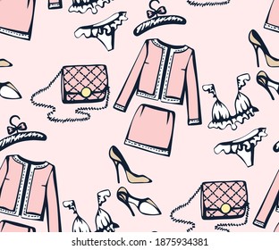 Hand drawn vector classic clothes and accessories. Hand drawn ink illustration. Modern ornamental decorative background. Vector pattern. Print for textile, cloth, wallpaper, scrapbooking