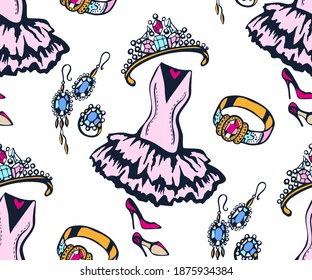 Hand drawn vector classic clothes and jewellery. Hand drawn ink illustration. Modern ornamental decorative background. Vector pattern. Print for textile, cloth, wallpaper, scrapbooking