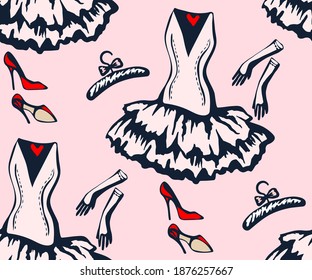 Hand drawn vector classic clothes and accessories. Hand drawn ink illustration. Modern ornamental decorative background. Vector pattern. Print for textile, cloth, wallpaper, scrapbooking