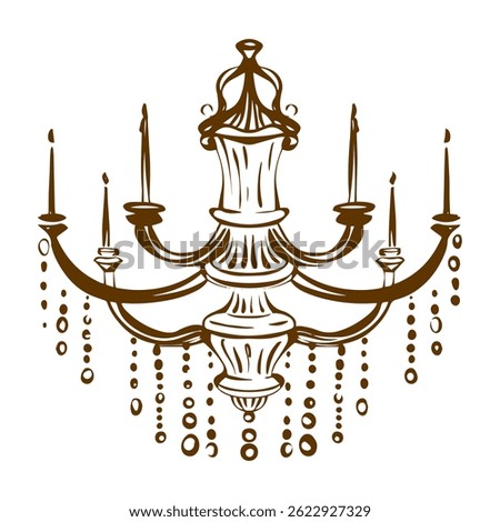 Hand drawn vector of a classic crystal chandelier. Contour drawing in ornate baroque and rococo style. Isolated ceiling lamp design for interior, decor, and antique lighting concepts.