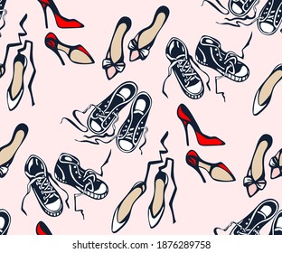 Handgezeichnete klassische Schuhe und Turnschuhe. Handgezeichnete Tintengrafik. Moderner dekorativer Hintergrund. Vektormuster. Druck für Textilien, Gewebe, Tapeten, Scrapbooking