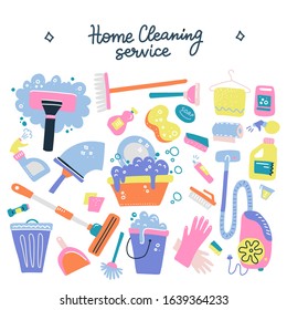 Hand drawn vector cleaning service tools concep. Cleaning equipment symbols. Detergent, iron, mop, dust pan, brushes, bleach, duster,washing liquid, vacuum cleaner,doodle icons, sketch with lettering.