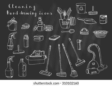 Hand drawn vector cleaning service icons, Cleaning symbols, tools, Detergent, iron, mop, dust pan, brushes bleach, duster, washing liquid, vacuum cleaner, doodle icons, sketch