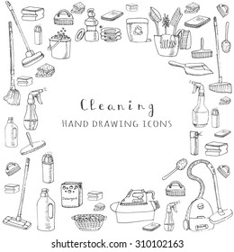 Hand drawn vector cleaning service icons, Cleaning symbols, tools, Detergent, iron, mop, dust pan, brushes bleach, duster, washing liquid, vacuum cleaner, doodle icons, sketch