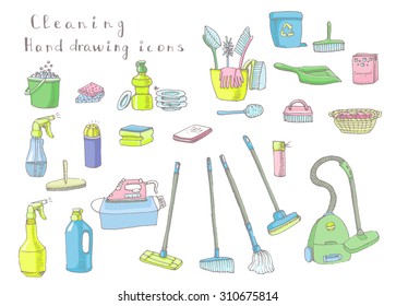 Hand drawn vector cleaning service icons, Cleaning symbols, tools, Detergent, iron, mop, dust pan, brushes, bleach, duster, washing liquid, vacuum cleaner, doodle icons, sketch