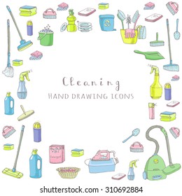 Hand drawn vector cleaning service icons, Cleaning symbols, tools, Detergent, iron, mop, dust pan, brushes, bleach, duster, washing liquid, vacuum cleaner, doodle icons, sketch